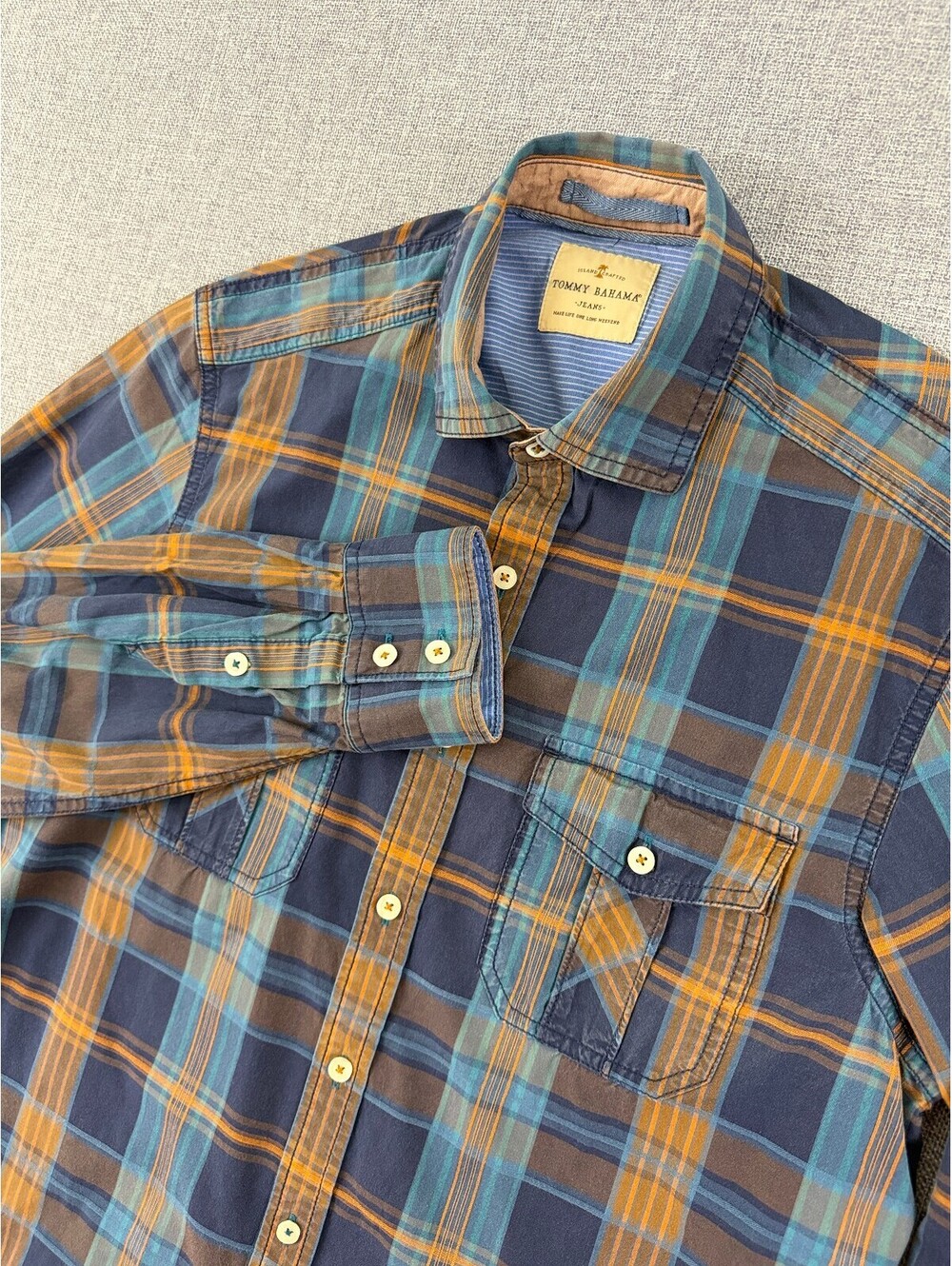 Tommy Bahama Jeans Western Plaid Long Sleeve Shirt Size S Blue Orange Checked